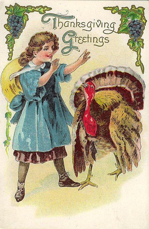 Vintage Thanksgiving Greetings Card with Girl and Turkey