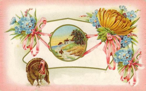Victorian Pastoral Greeting Card with Turkey, Flowers & Ribbon