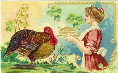 Vintage Thanksgiving Turkey & Patriotic Woman Greeting Card, Edwardian Era