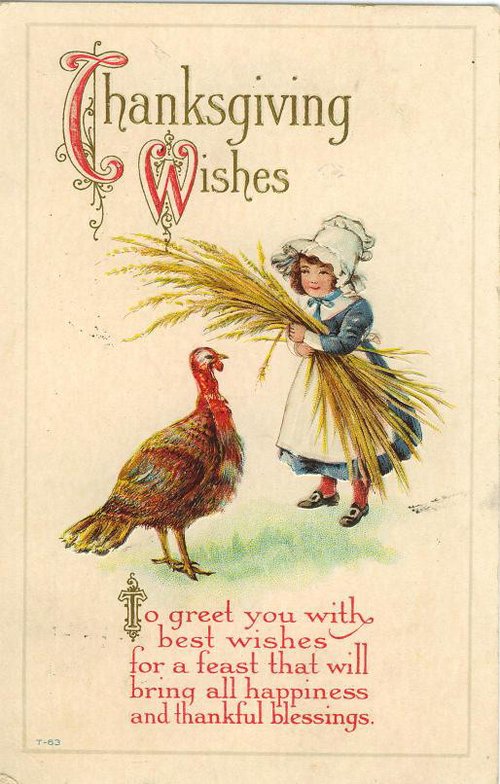 Vintage Thanksgiving Wishes Greeting Card with Child & Turkey