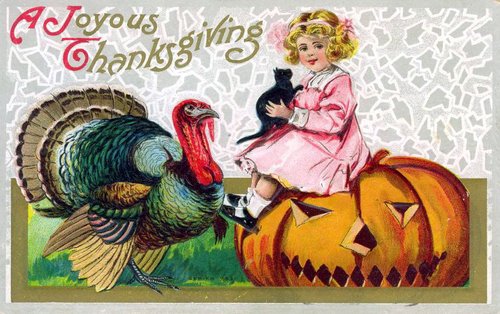 Vintage Thanksgiving Greeting Card with Turkey & Girl