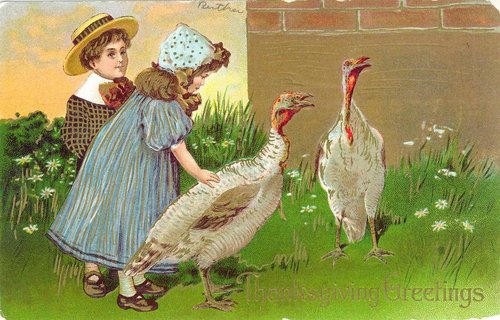 Vintage Girls with Turkeys Greeting Card | Edwardian Farm Scene