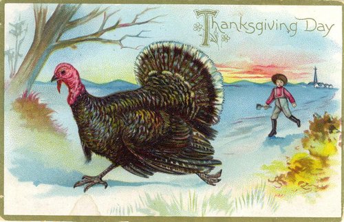 Vintage Thanksgiving Day Card with Turkey & Winter Scene