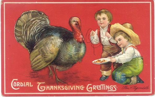 Cordial Thanksgiving Greetings - Victorian Children with Turkey