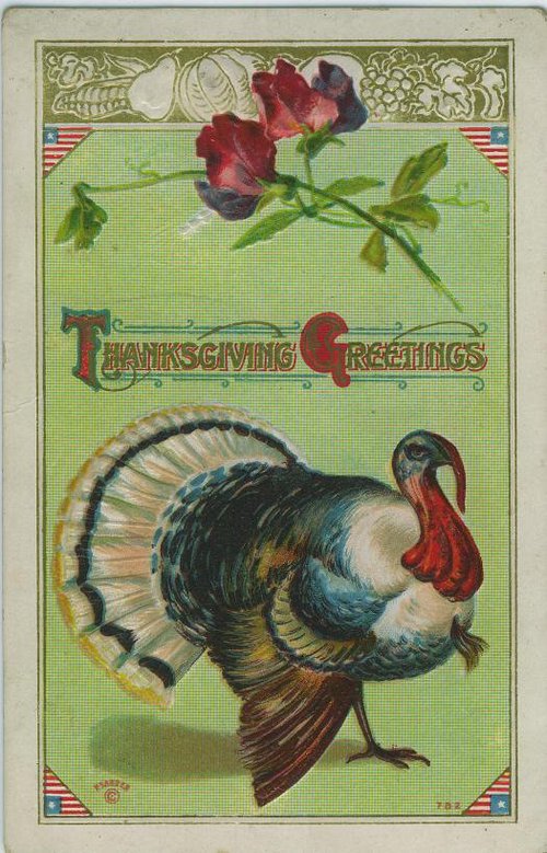 Vintage Thanksgiving Greeting Card with Turkey & Sweet Peas
