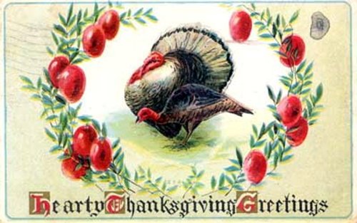 Vintage Thanksgiving Greeting Card with Turkey & Cranberries