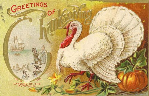 Vintage Thanksgiving Greeting Card with White Turkey & Puritans