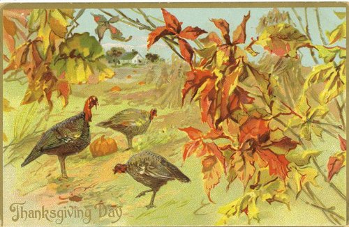 Vintage Thanksgiving Day Greeting Card with Turkeys & Autumn Leaves
