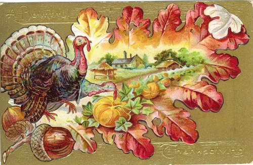 Victorian Thanksgiving Turkey Die-Cut Greeting Card with Harvest Scene