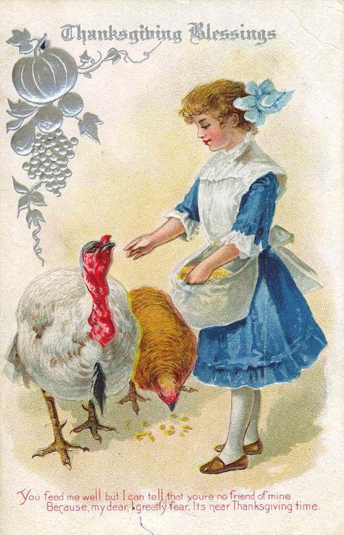 Vintage Thanksgiving Blessings Card | Edwardian Girl & Poultry