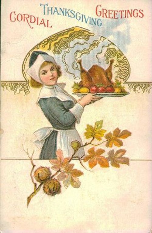 Cordial Thanksgiving Greetings Vintage Card Victorian Girl