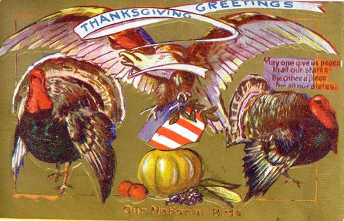 Vintage Thanksgiving Greetings Card with Turkeys, Eagle, and National Birds