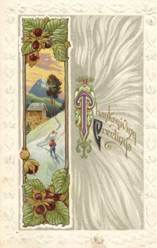 Victorian Art Nouveau Greeting Card with Hazelnuts & Rural Winter Scene