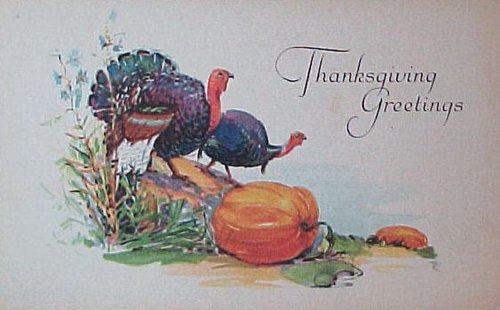 Vintage Thanksgiving Greetings Card with Turkeys & Pumpkin