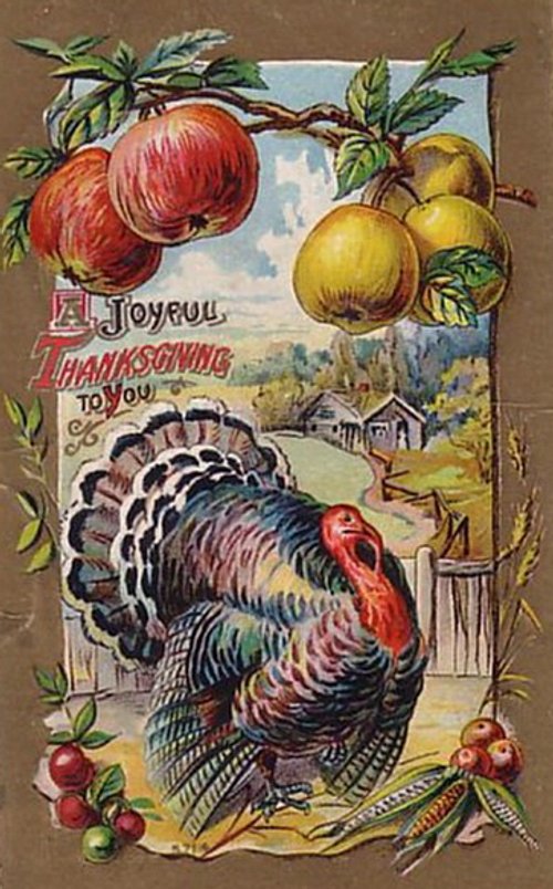 Victorian Thanksgiving Greeting Card with Turkey & Fruit