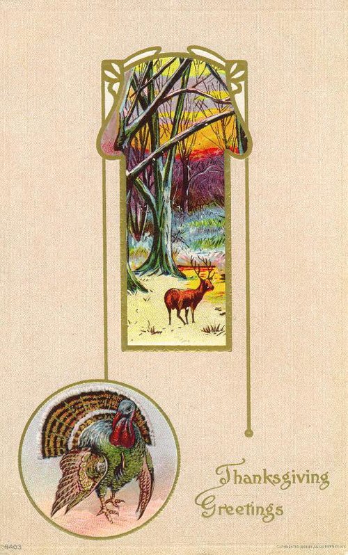 Vintage Thanksgiving Greeting Card with Deer & Turkey