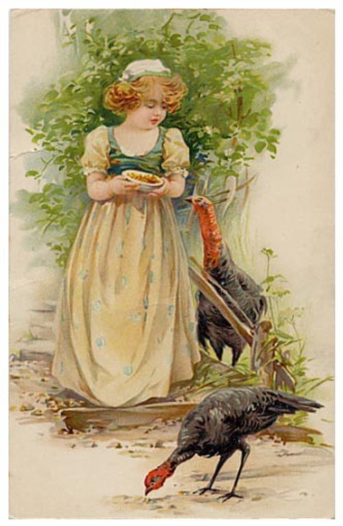Victorian Girl with Birds Vintage Greeting Card Art