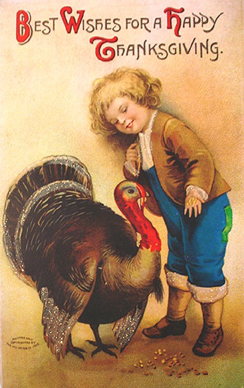 Vintage Thanksgiving Greeting Card with Child and Turkey, Early 1900s