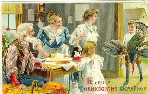 Victorian Thanksgiving Greeting Card with Boy Carrying Live Turkey