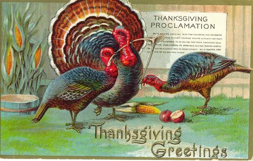 Vintage Thanksgiving Proclamation Card, Wild Turkeys & Harvest Feast