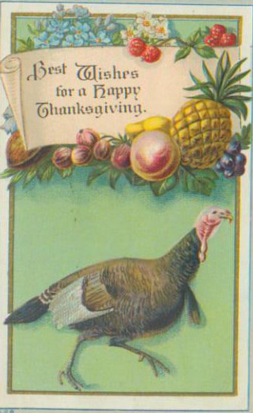 Vintage Thanksgiving Greeting Card with Turkey & Harvest Fruit