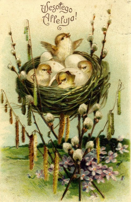 Victorian Easter Greeting Card with Chicks and Pussy Willow