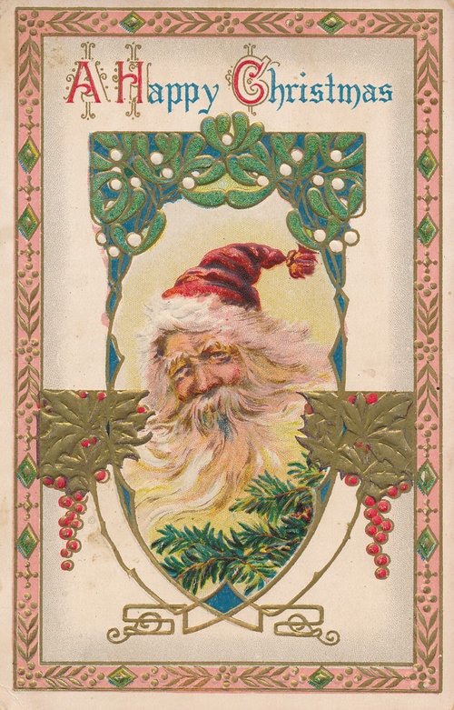 Victorian Christmas Card with Santa Claus, Holly, and Mistletoe