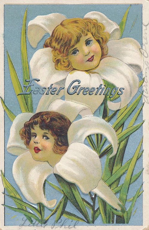 Easter Greetings Vintage Card with Angel Children & Easter Lilies