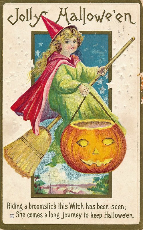 Vintage Halloween Witch Broomstick Card 1900s-1910s