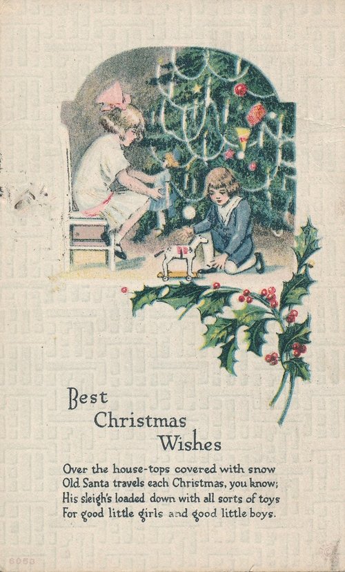 Vintage Christmas Greeting Card with Children & Decorated Tree