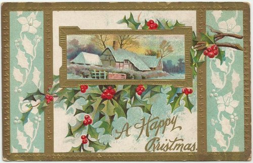 Victorian Christmas Greeting Card with Winter Cottage & Holly