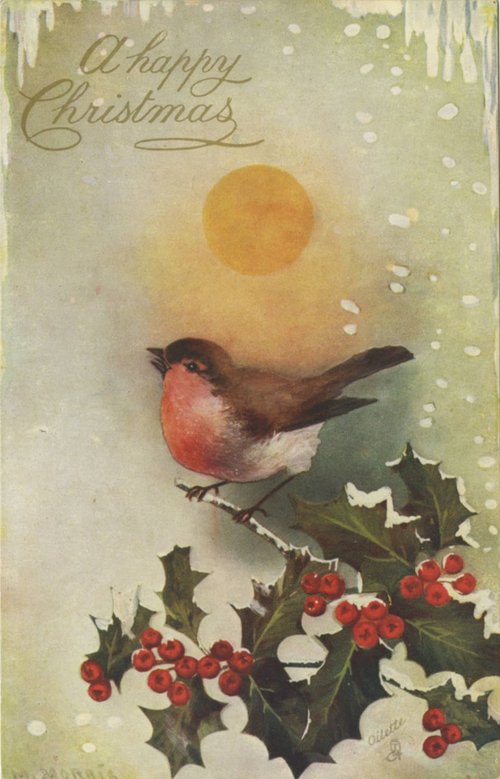 Vintage Christmas Card Robin Snow Holly Edwardian Era