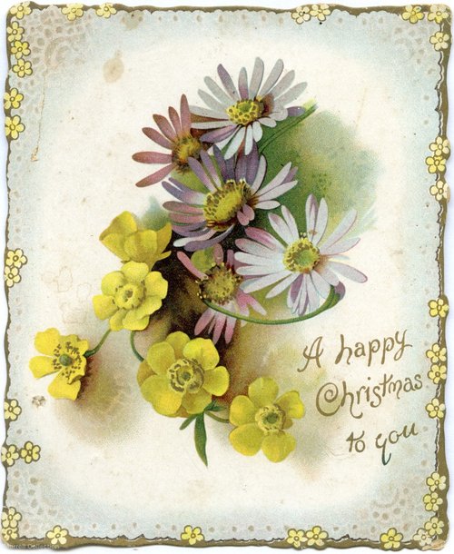 Victorian Christmas Card with Daisies & Yellow Flowers