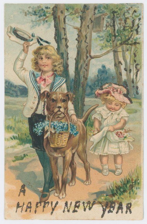 Victorian New Year Greeting Card with Children and Dog