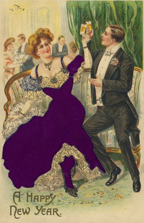 Edwardian New Year's Eve Card with Elegant Woman in Purple Gown