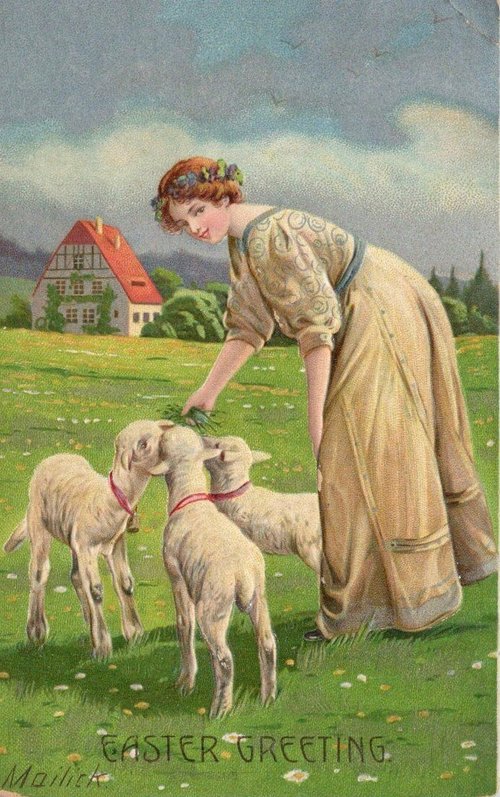 Edwardian Easter Greeting Card Woman with Lambs