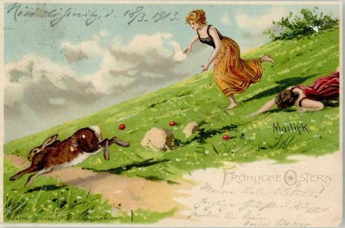Vintage Easter Greeting Card with Bunny & Young Woman on Green Hill