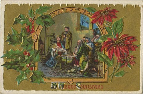 Victorian Nativity Merry Christmas Card with Holly & Poinsettias