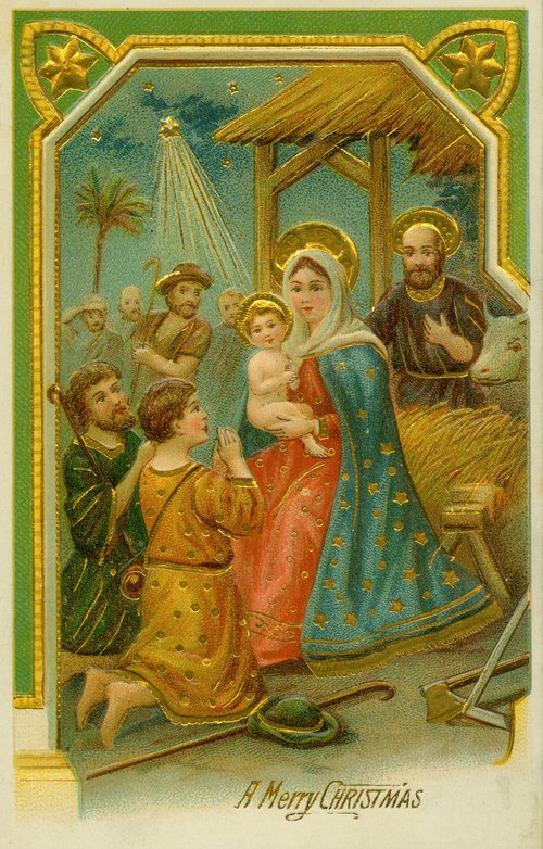 Victorian Christmas Nativity Scene Greeting Card with Gold Embossing