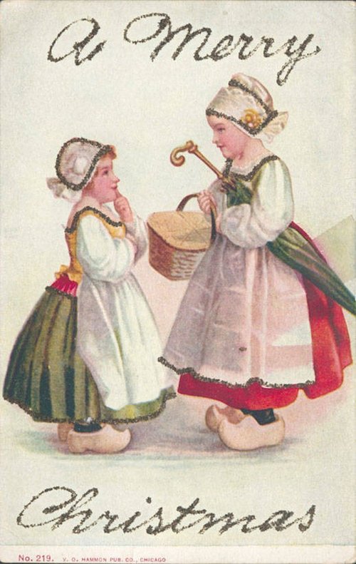Victorian Christmas Greeting Card with Children in Traditional Dress