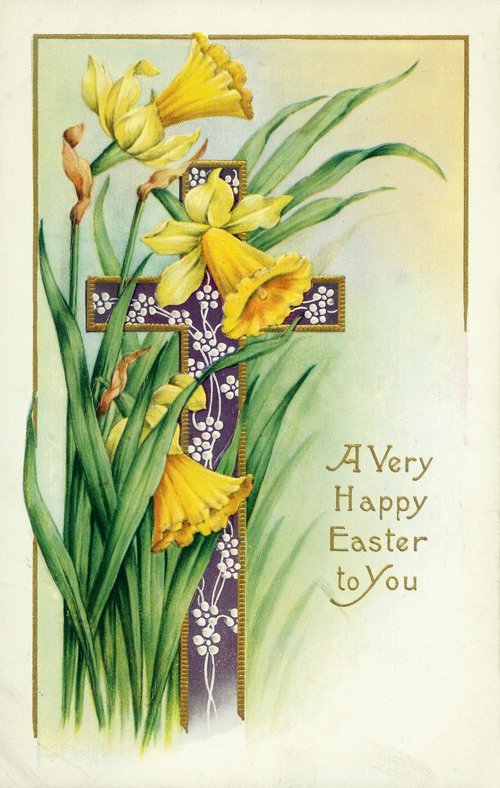 Vintage Easter Greeting Card with Yellow Daffodils & Cross
