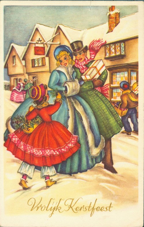 Vintage Dutch Christmas Greeting Card: Village Christmas Gift Scene