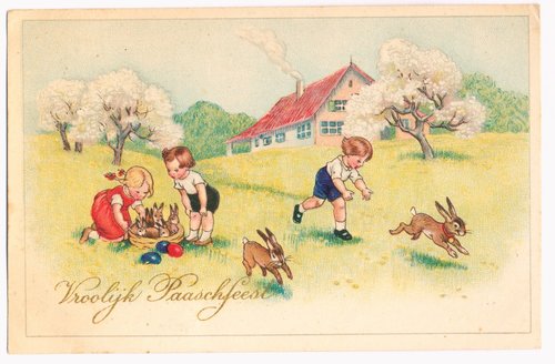 Vintage Easter Greeting Card Children Rabbits Farm Scene