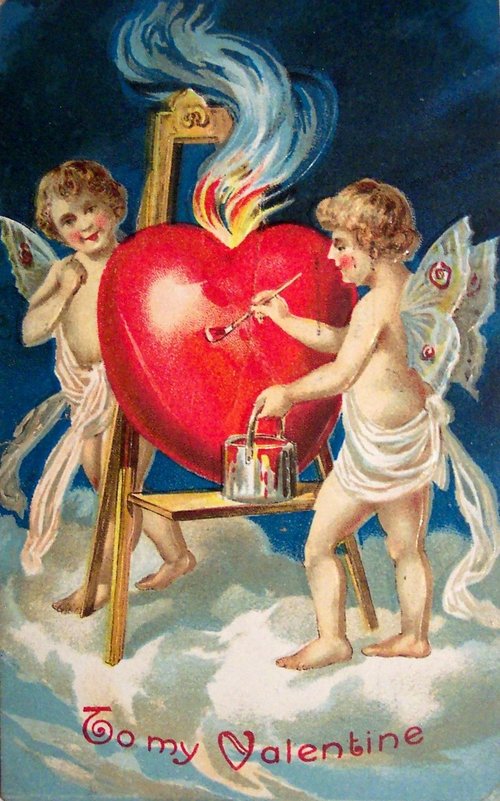 Victorian Cupids Painting Heart Valentine's Day Greeting Card