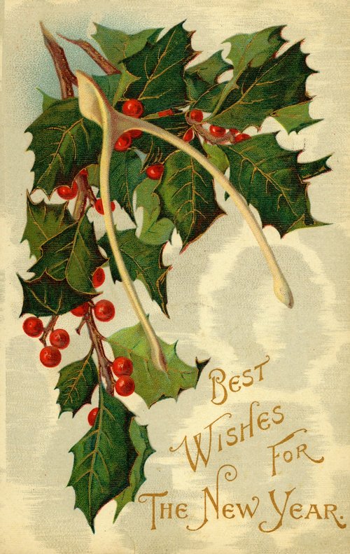 Victorian Holly & Berries New Year Greeting Card | Vintage