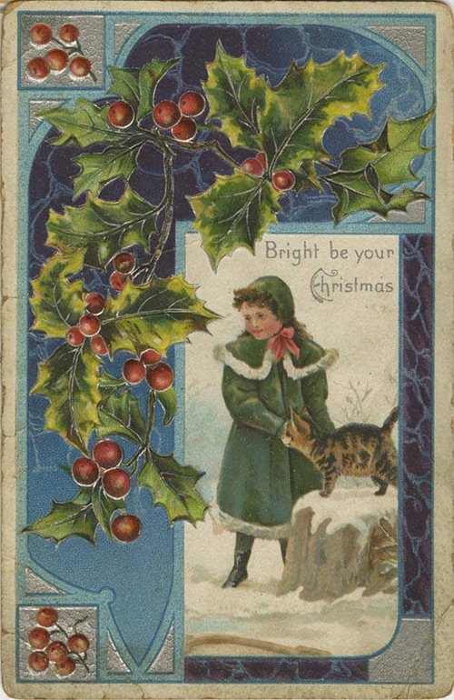 Victorian Christmas Card with Holly, Child & Cat in Snow