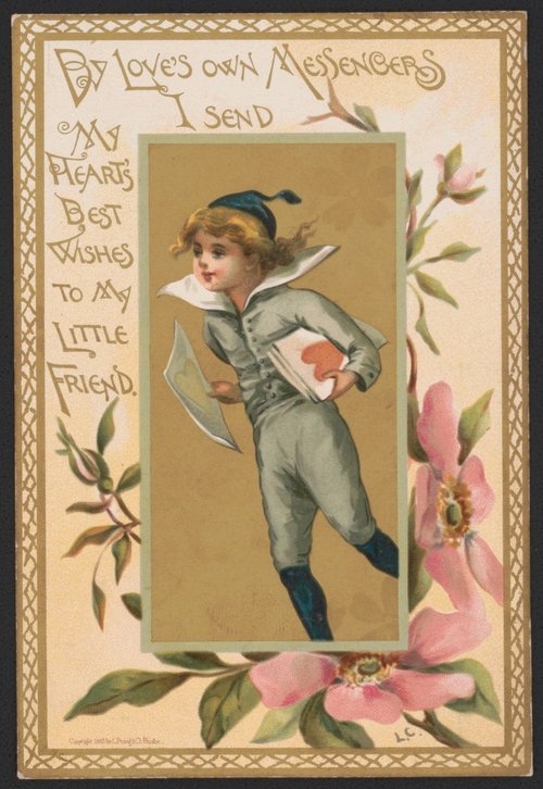 Victorian Cupid Messenger Greeting Card with Pink Flowers