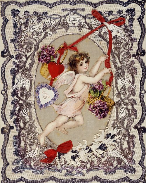 Victorian Cupid Valentine Card with Die-Cut Lace Border