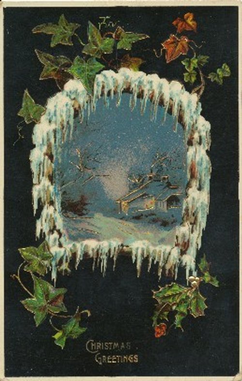 Victorian Christmas Greetings Card with Icy Window Frame