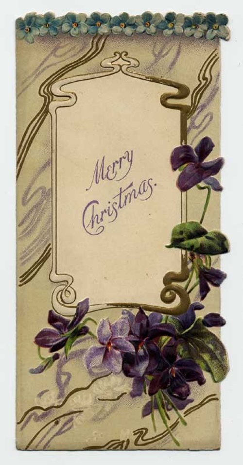 Victorian Christmas Greeting Card with Purple Violets & Art Nouveau Frame